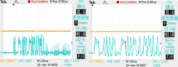 (左)光纤输入端的通信电信号；(右)放大之后的波形