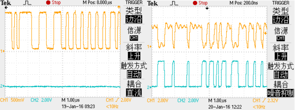 (左)光纤刚接收回来的RXD信号；(右)处理器引脚处接收的同路信号(黄色波形)